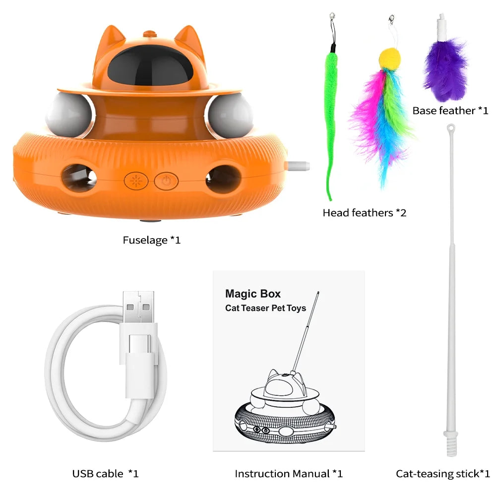 4-In-1 Indoor Interactive Cat Toy, Retractable Laser & Feather, USB Rechargeable, Orange