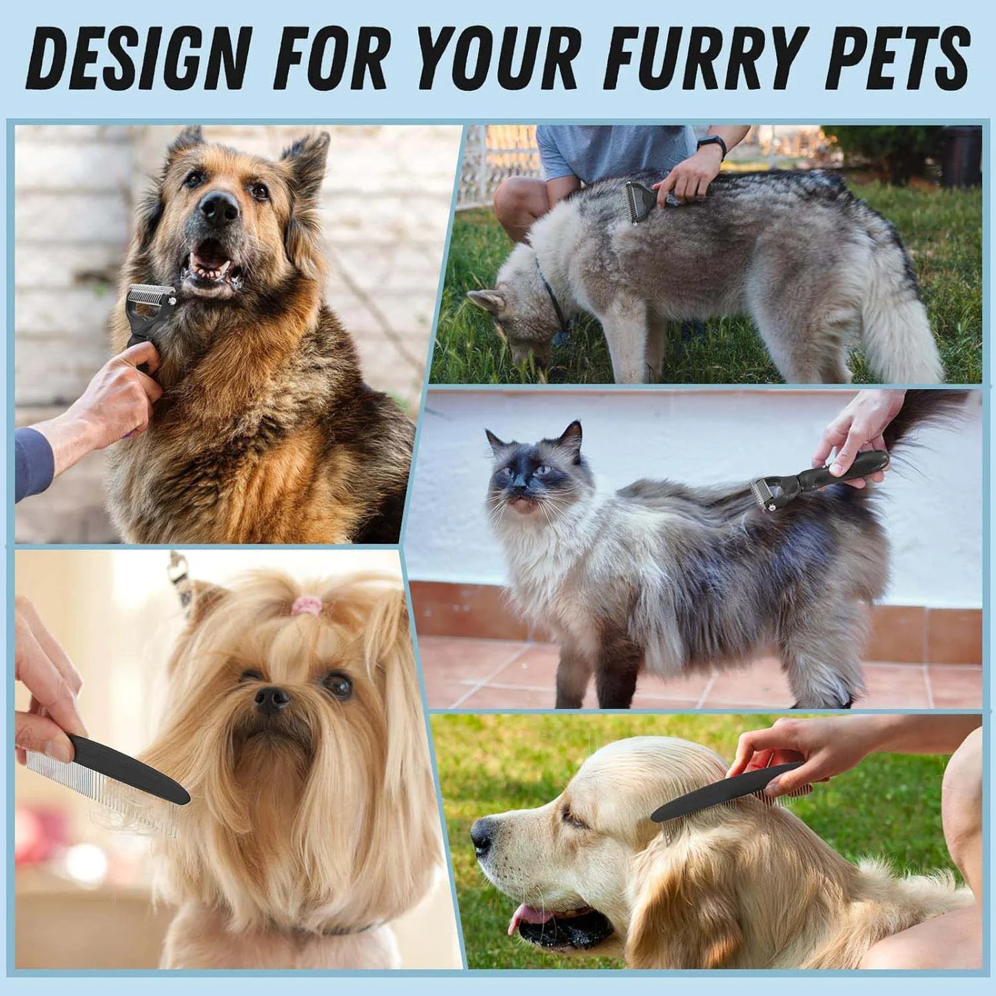 Pet Grooming Brush and Metal Comb, Cat Brush Undercoat Rake for Dogs Grooming Supplies Dematting Deshedding Brush for Shedding, Deshedder Brush Dogs Shedding Tool for Long Matted Haired Pets, Black