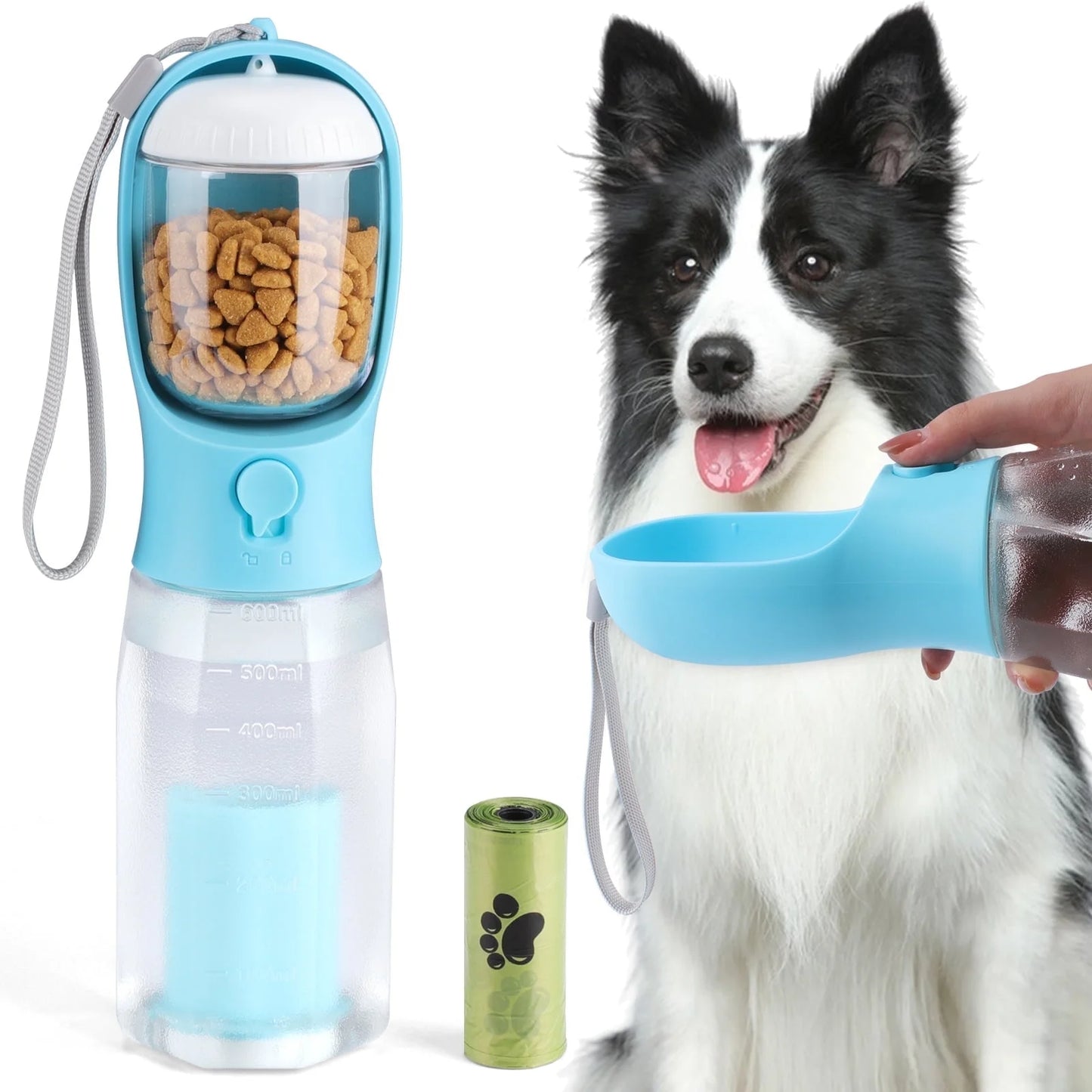 Dog Water Bottle with Food Container, 3 in 1 Outdoor Portable Pet Dispenser,Leak Proof Travel Dog Bowls for Walking Hiking