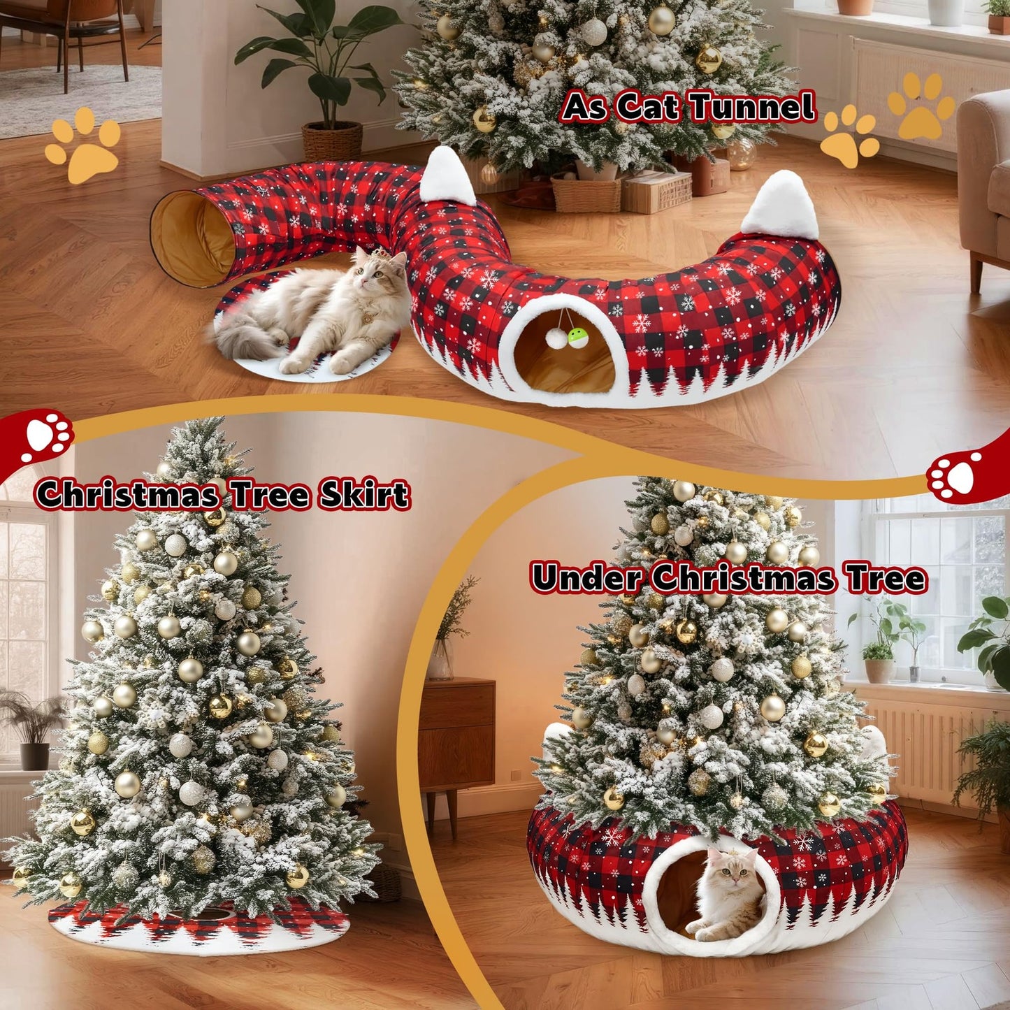 Cat Tunnel Christmas Tree Skirt, Cat Tunnel Bed with Hanging Toy Ball, Black