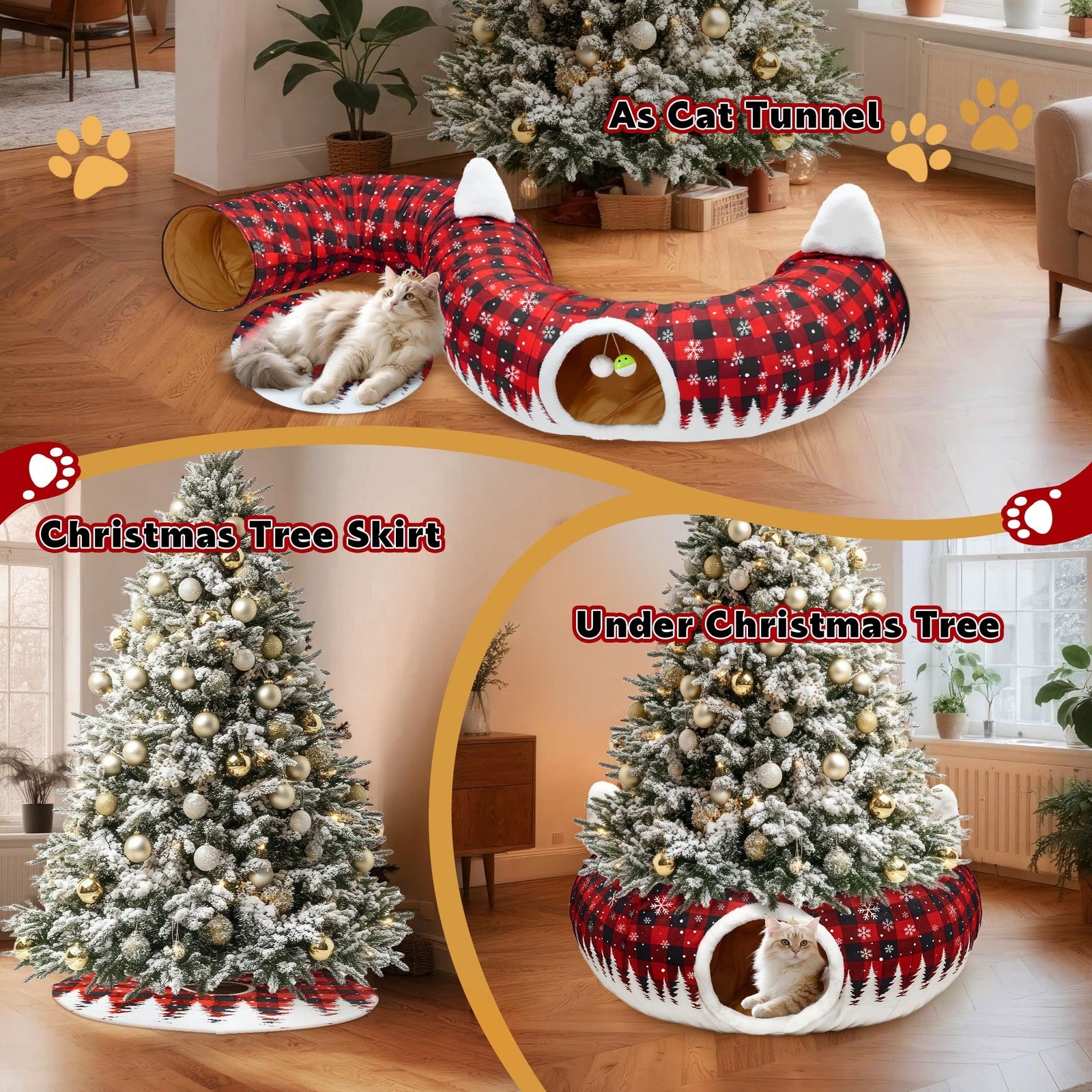 Cat Tunnel Christmas Tree Skirt, Cat Tunnel Bed with Hanging Toy Ball, Black