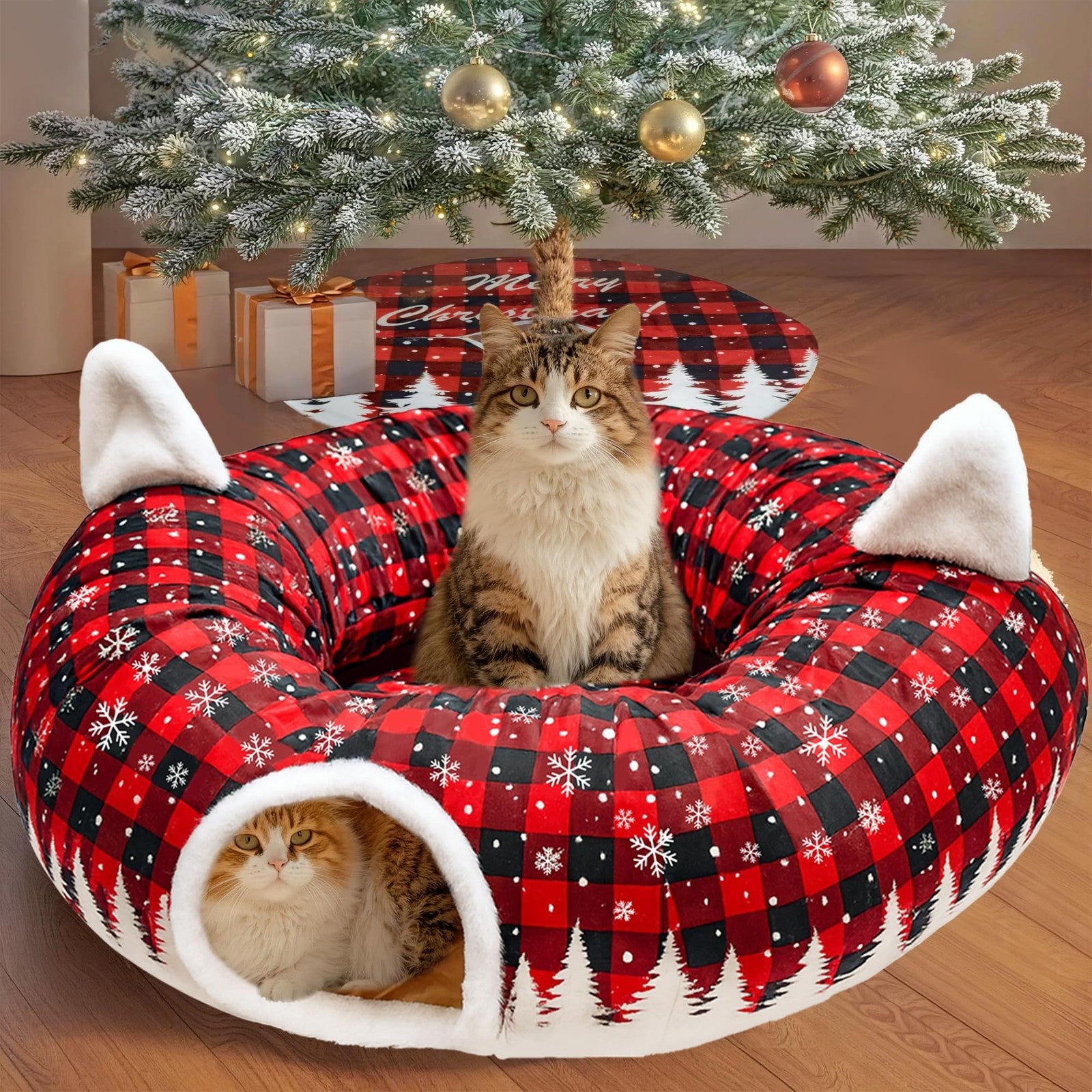 Cat Tunnel Christmas Tree Skirt, Cat Tunnel Bed with Hanging Toy Ball, Black