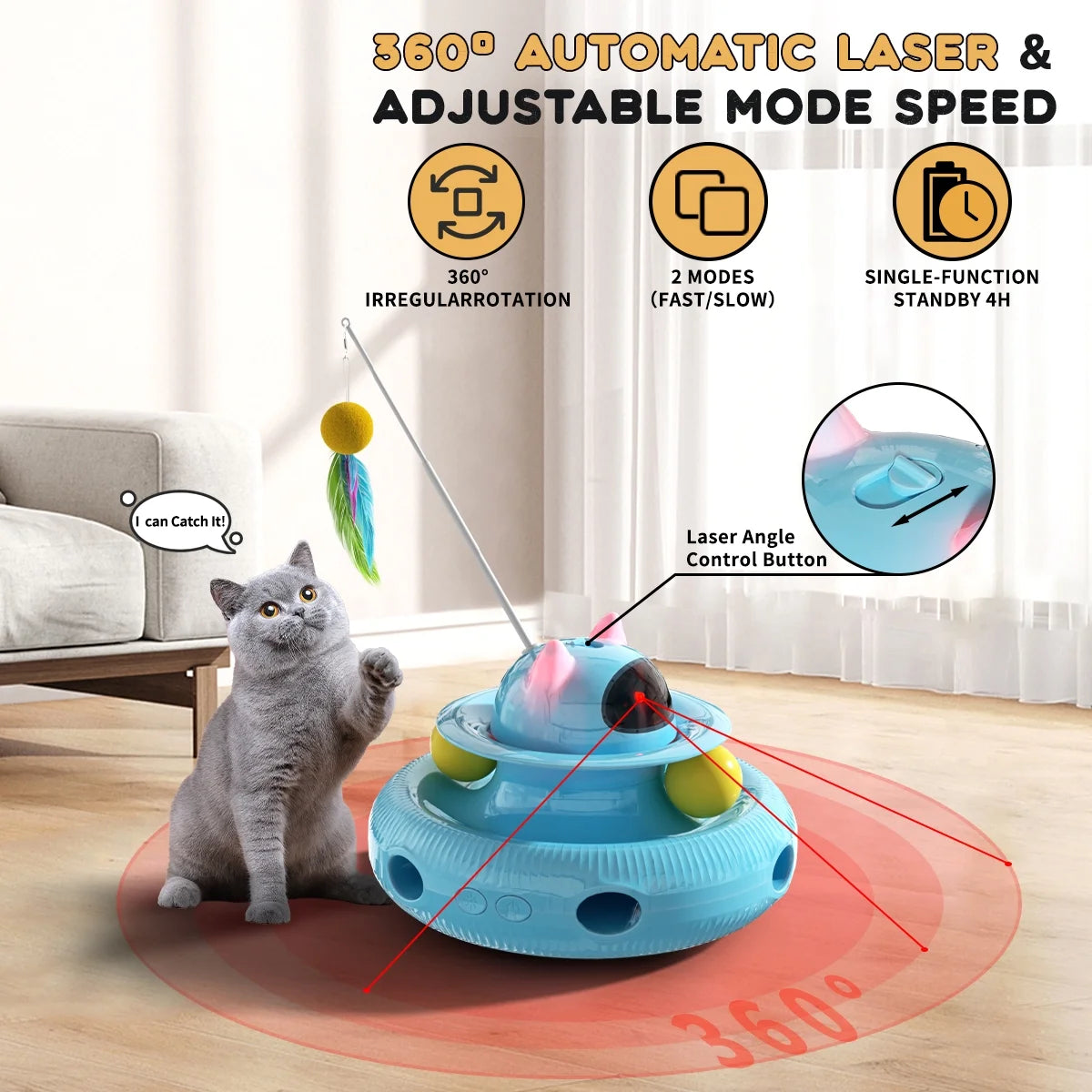 4 in 1 Interactive Cat Toys for Indoor Cats, Cat Laser Toys with 360°Rotation, Interactive Exercise Play Kitten Toy,Automatic Cat Wand Toy,Track Balls,Indoor Exercise Cat Kicker with USB Rechargeable