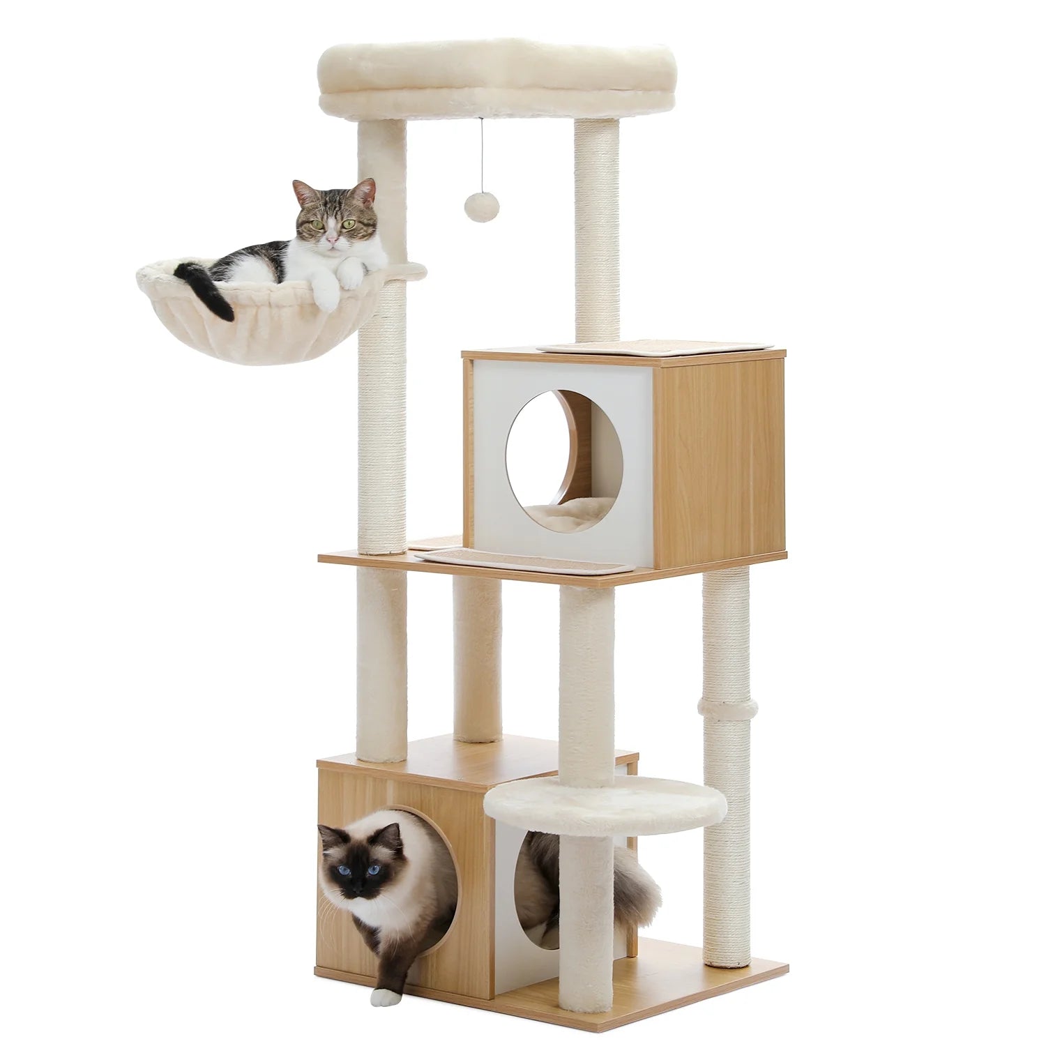 51" Modern Cat Tower for Indoor Cats, Multilevel Cat Tree Cat Play House with Large Cat Condo, Beige