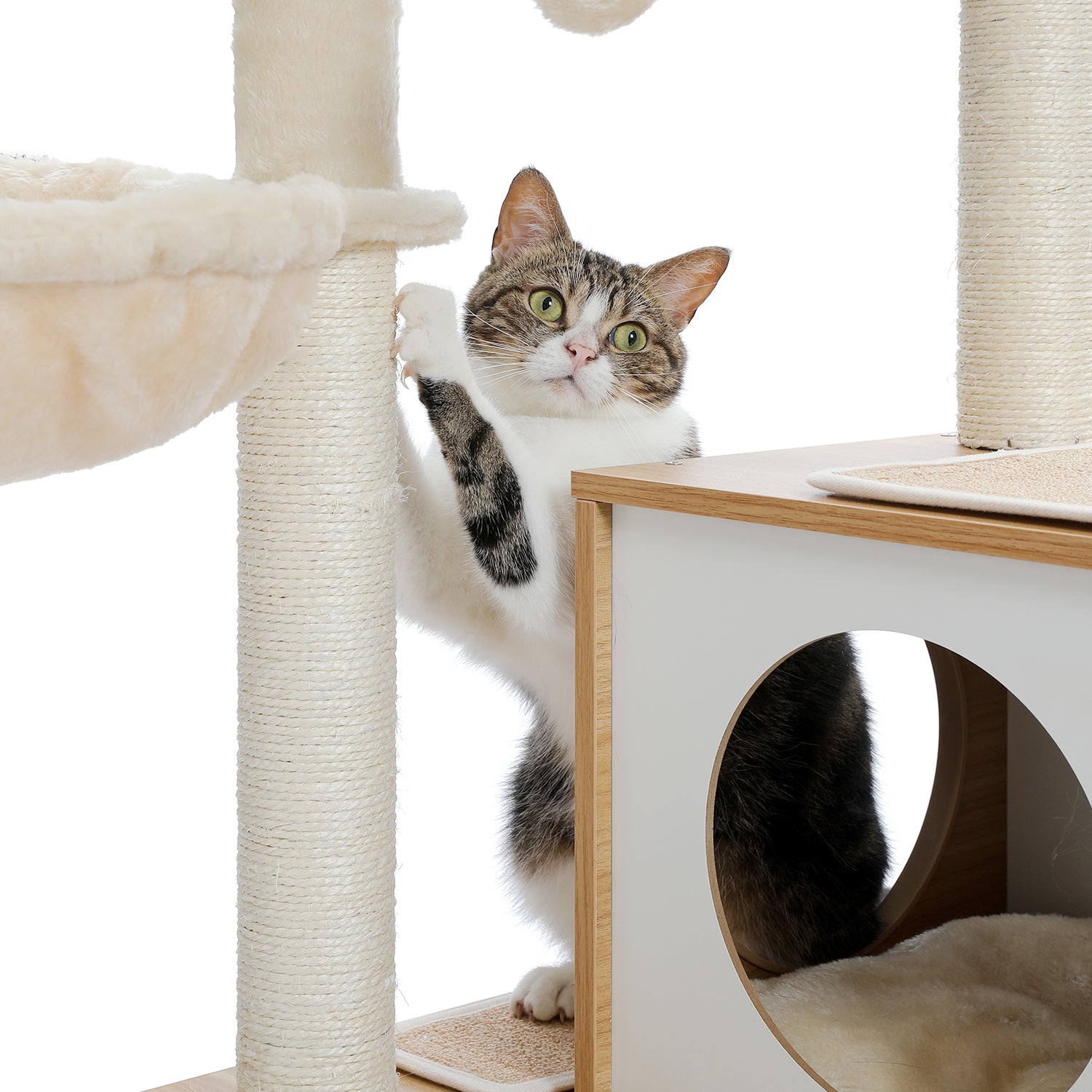 51" Modern Cat Tower for Indoor Cats, Multilevel Cat Tree Cat Play House with Large Cat Condo, Beige
