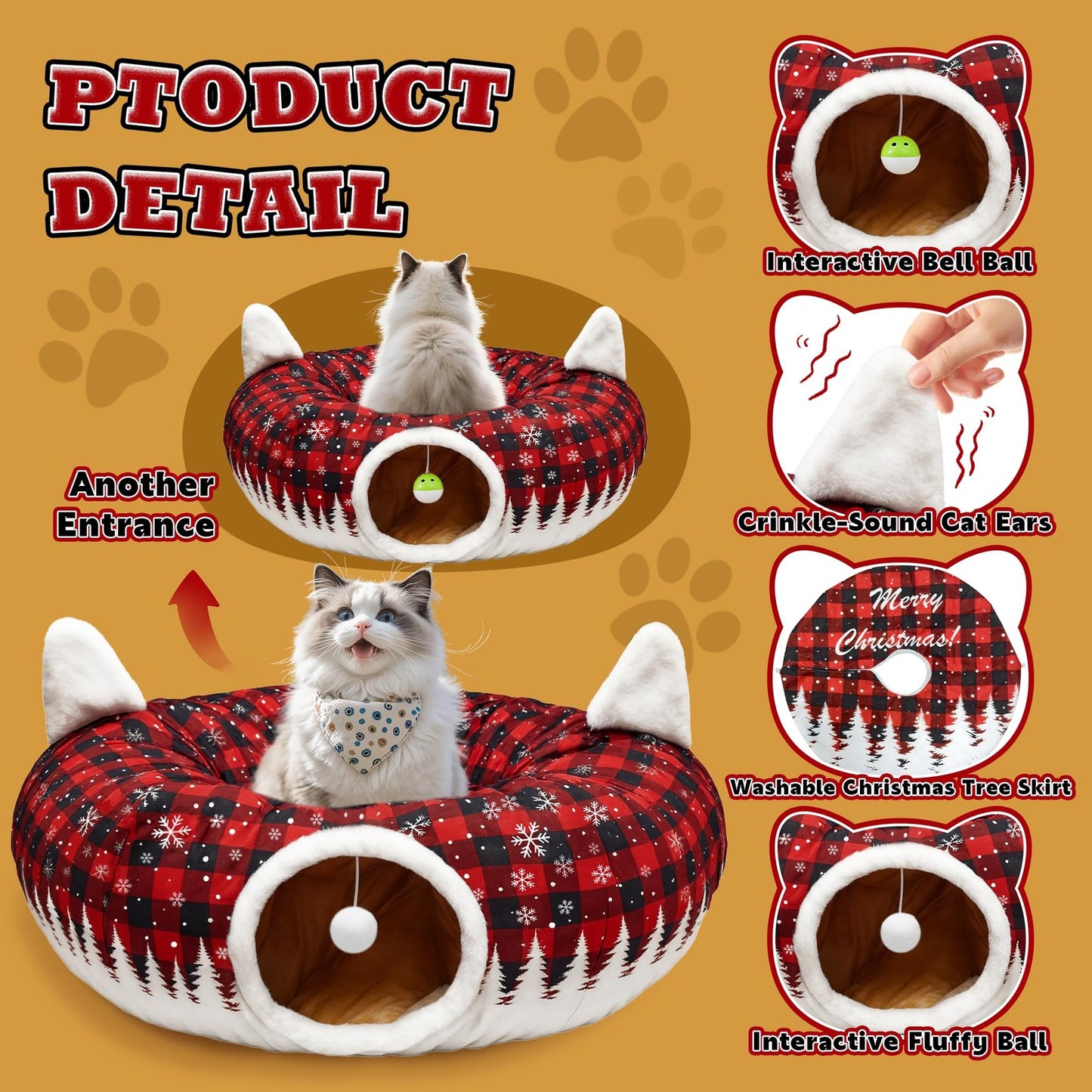 Cat Tunnel Christmas Tree Skirt, Cat Tunnel Bed with Hanging Toy Ball, Black