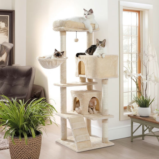 56" Tall Cat Trees Towers with Scratching Posts Condos Hammock Resting Perch, Indoor Pet Activity Furniture Play House for Large Cats Kitty Kitten, Beige