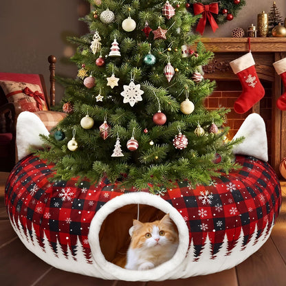 Cat Tunnel Christmas Tree Skirt, Cat Tunnel Bed with Hanging Toy Ball, Black