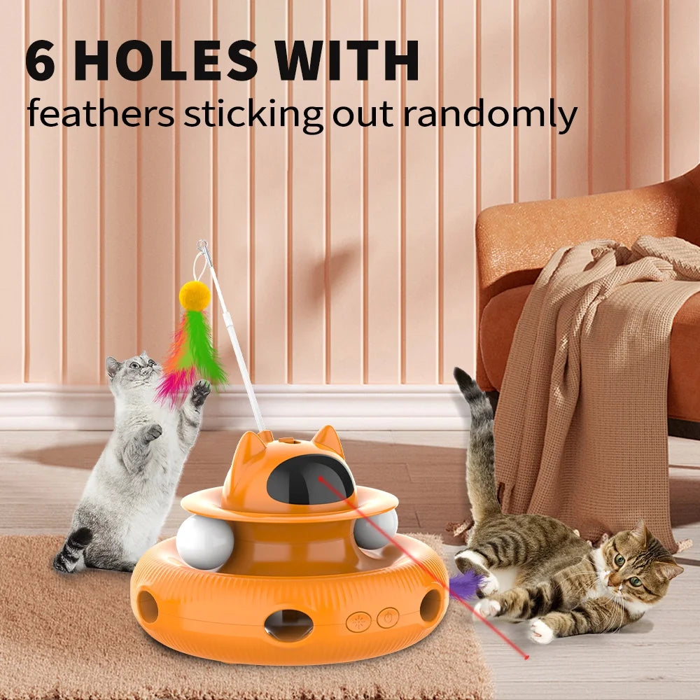 4-In-1 Indoor Interactive Cat Toy, Retractable Laser & Feather, USB Rechargeable, Orange