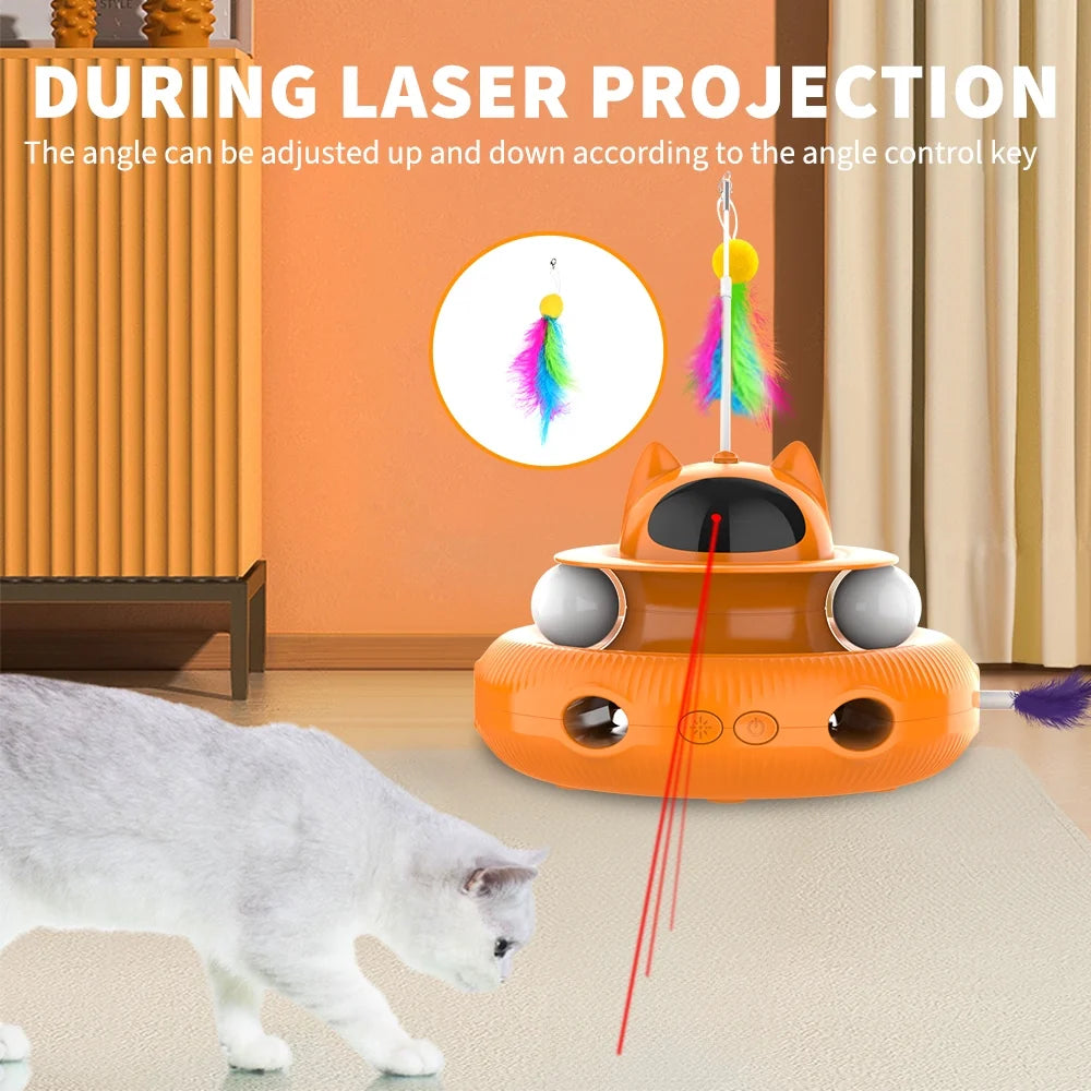 4-In-1 Indoor Interactive Cat Toy, Retractable Laser & Feather, USB Rechargeable, Orange