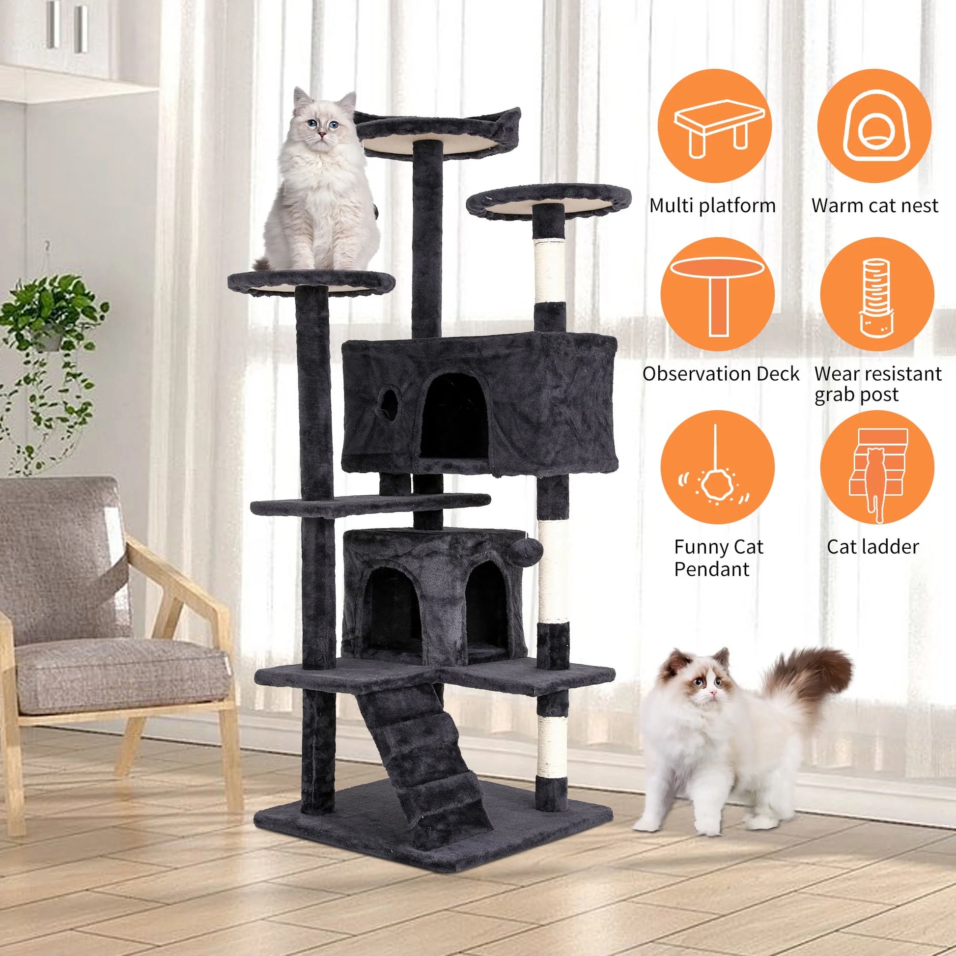 54 Inch Cat Trees and Towers for Indoor Cats, Cat Condo Scratching Post for Adult Cats, Multi-Level Cat Towers for Small Cats, Dark Gray