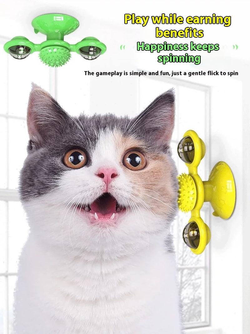 Cat Entertainment Set- Interactive Rotating Disk, Feather Teasers, Tumbler, Windmill Toy - Keeps Cats Active & Engaged