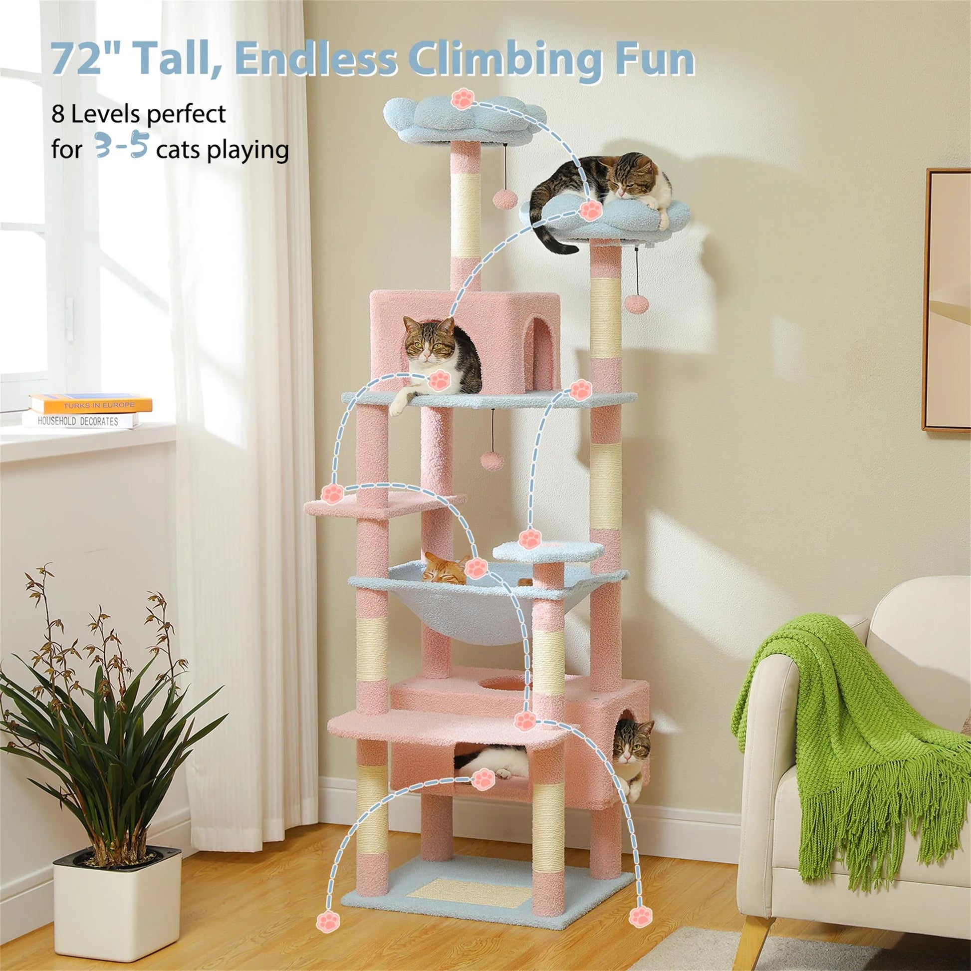72" Large Cat Tree Tower with Sisal Scratching Post, Indoor Cat Condo for Big Cat Maine Coon, Blue