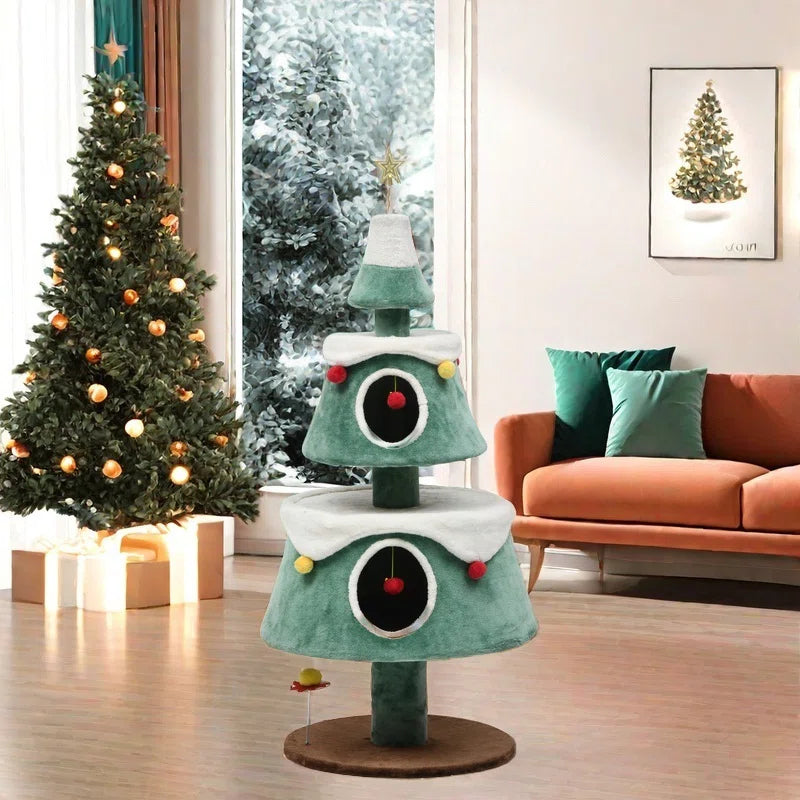63" Christmas Cat Tower with 2 Semi-Enclosed Cat Houses, Indoor Cat Tree with Cat Condos, Cute Cat Tree with Plush Ball for 2 Cat