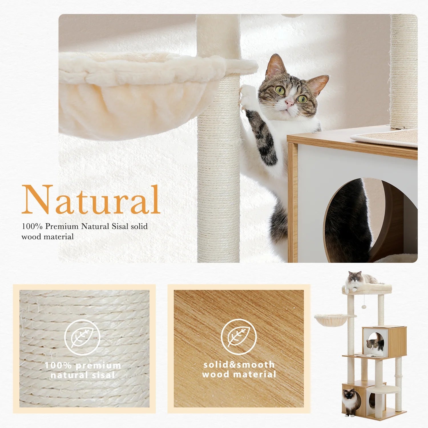 51" Modern Cat Tower for Indoor Cats, Multilevel Cat Tree Cat Play House with Large Cat Condo, Beige