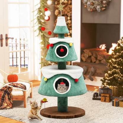 63" Christmas Cat Tower with 2 Semi-Enclosed Cat Houses, Indoor Cat Tree with Cat Condos, Cute Cat Tree with Plush Ball for 2 Cat