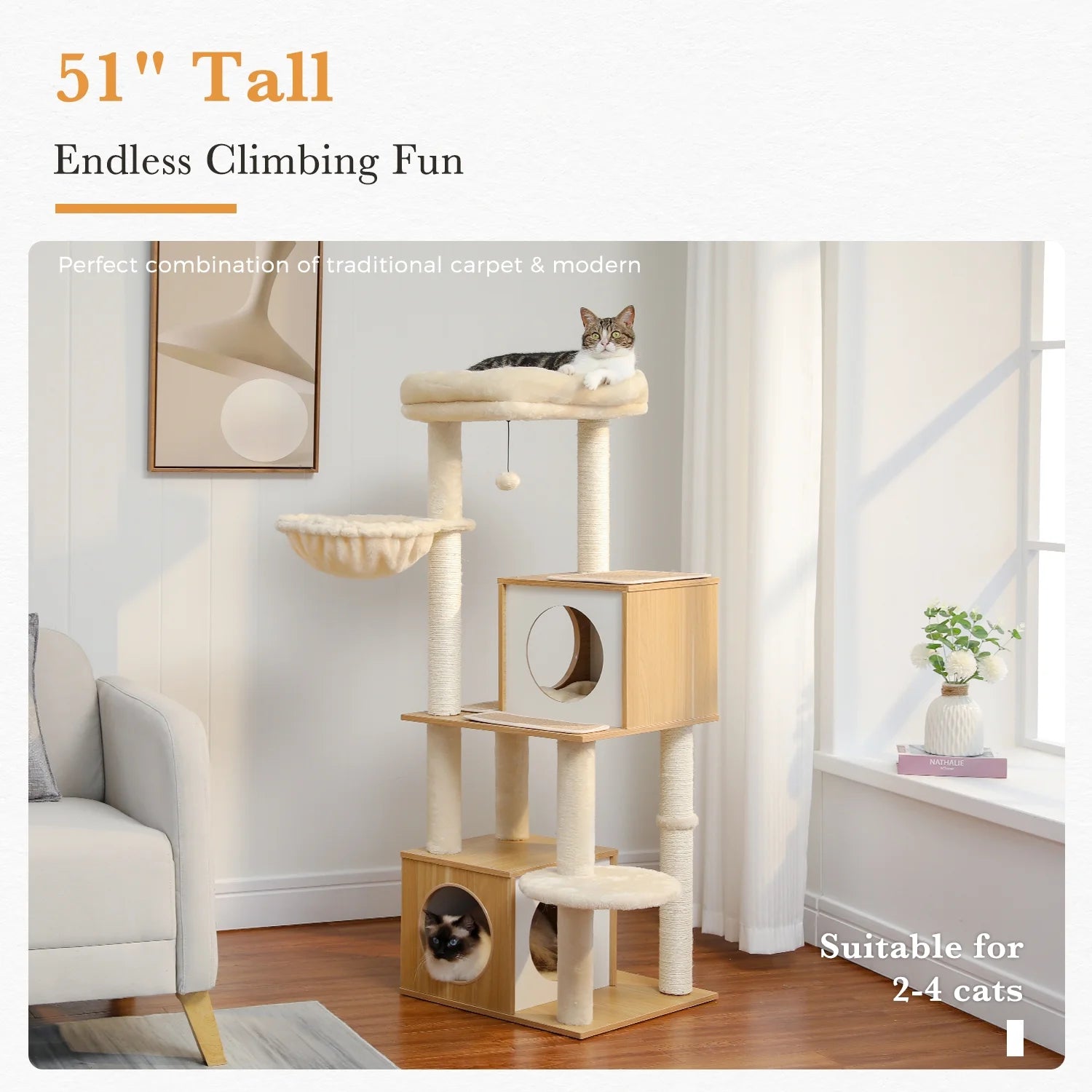 51" Modern Cat Tower for Indoor Cats, Multilevel Cat Tree Cat Play House with Large Cat Condo, Beige