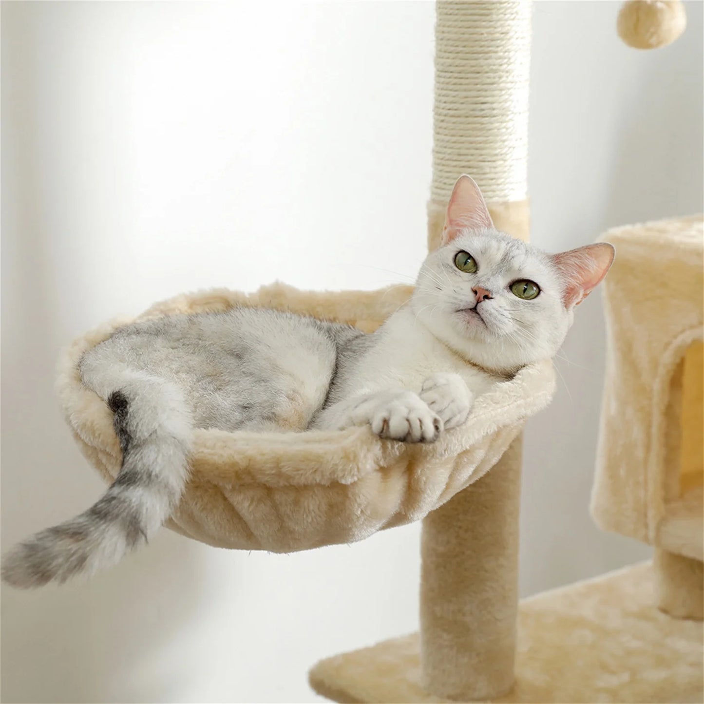 56" Tall Cat Trees Towers with Scratching Posts Condos Hammock Resting Perch, Indoor Pet Activity Furniture Play House for Large Cats Kitty Kitten, Beige