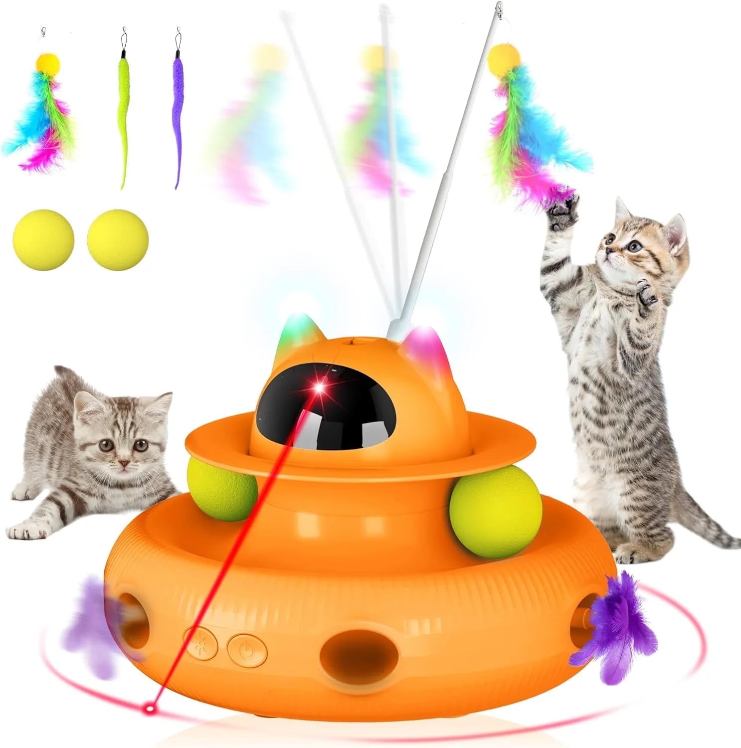 4-In-1 Indoor Interactive Cat Toy, Retractable Laser & Feather, USB Rechargeable, Orange