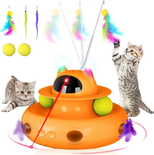 4-In-1 Indoor Interactive Cat Toy, Retractable Laser & Feather, USB Rechargeable, Orange