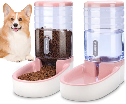 Automatic Dog Cat Feeder and Water Dispenser Set,Waterer and Gravity Food Feeder for Small & Medium Dogs Cats Puppies,Large Capacity 1 Gallon X 2(Pink)