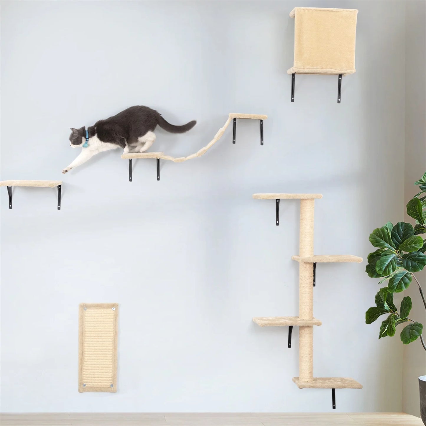 Cat Wall Shelves and Perches Set of 5, Sleeping Playing Lounging Climbing Cat Tree House for Multiple Cats, Beige