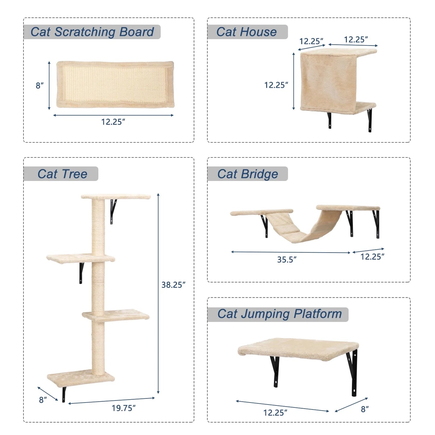 Cat Wall Shelves and Perches Set of 5, Sleeping Playing Lounging Climbing Cat Tree House for Multiple Cats, Beige