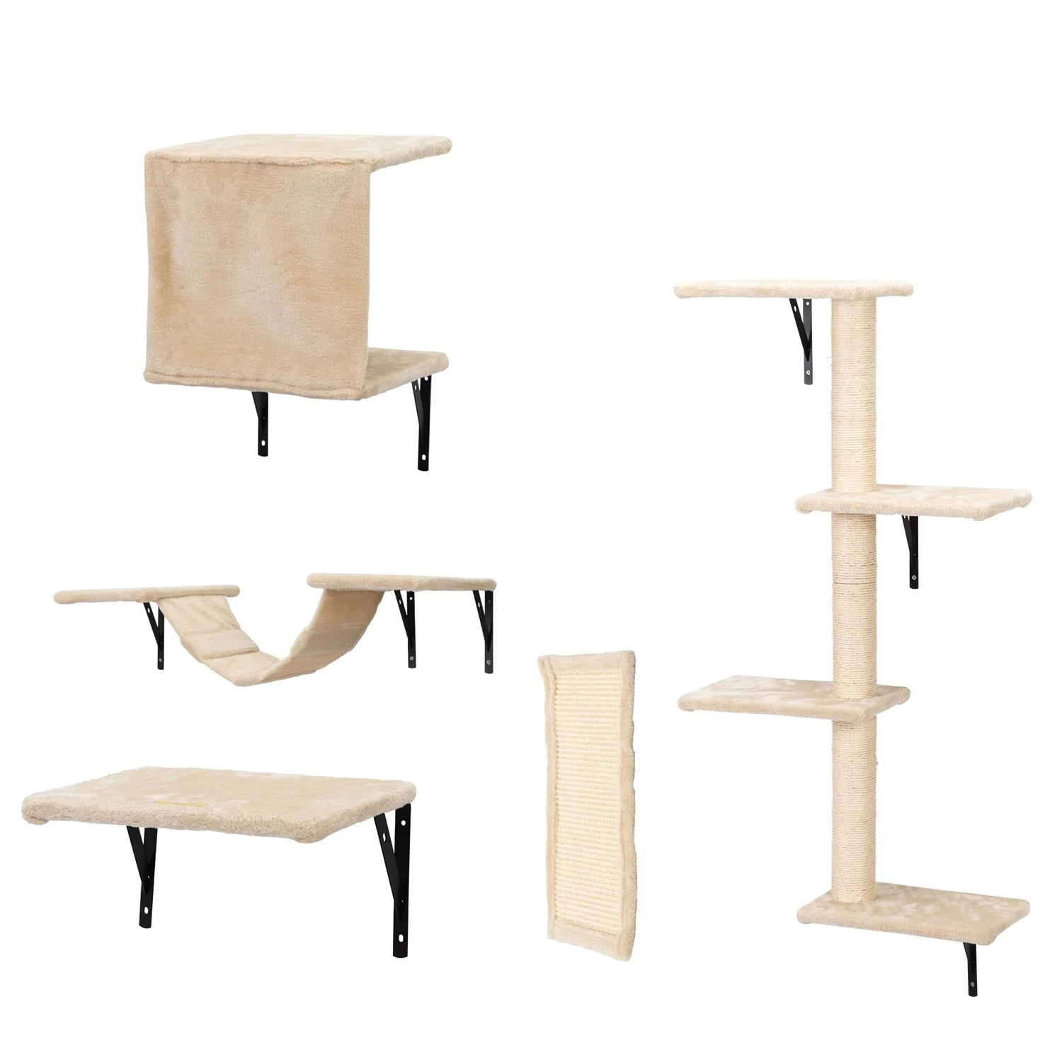 Cat Wall Shelves and Perches Set of 5, Sleeping Playing Lounging Climbing Cat Tree House for Multiple Cats, Beige