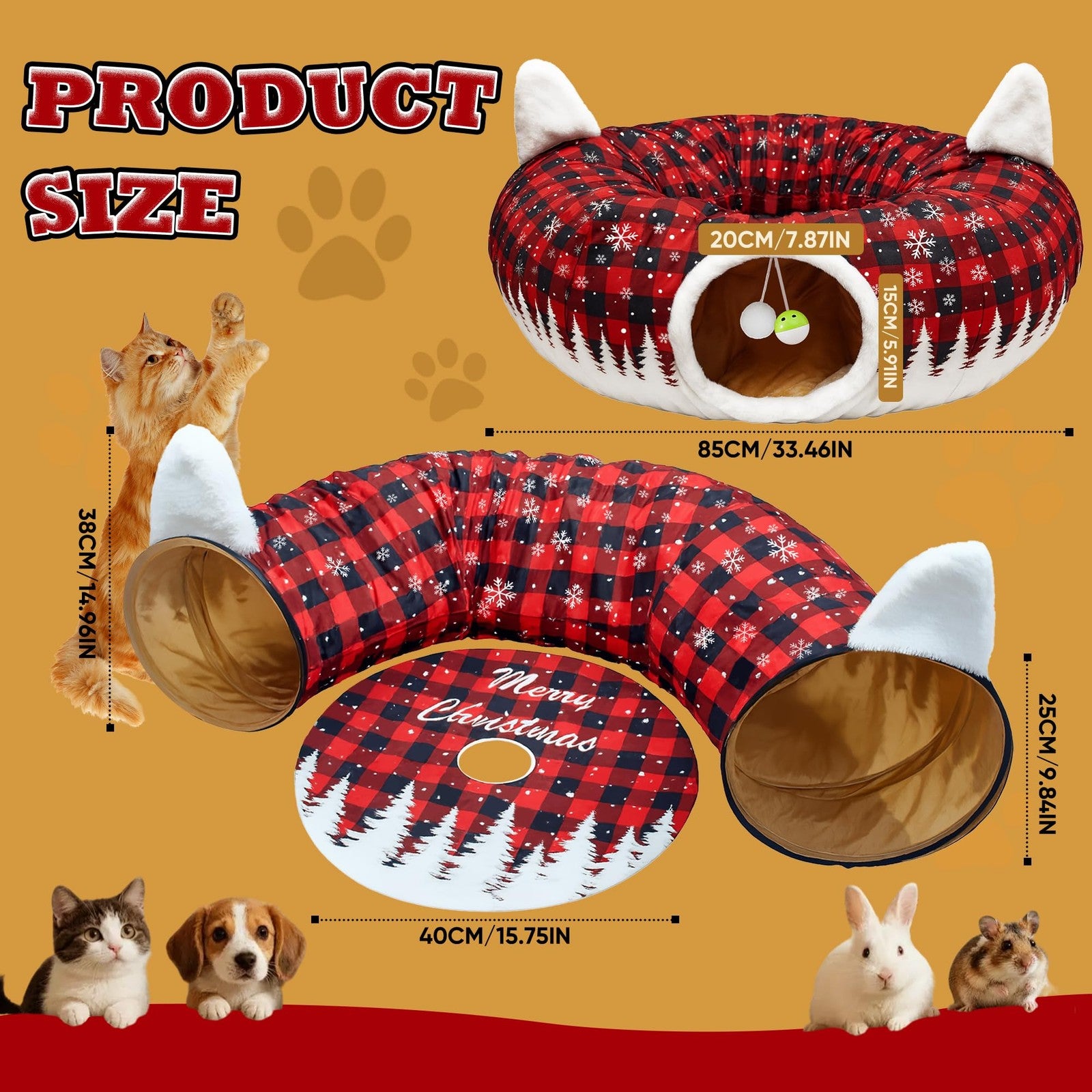 Cat Tunnel Christmas Tree Skirt, Cat Tunnel Bed with Hanging Toy Ball, Black