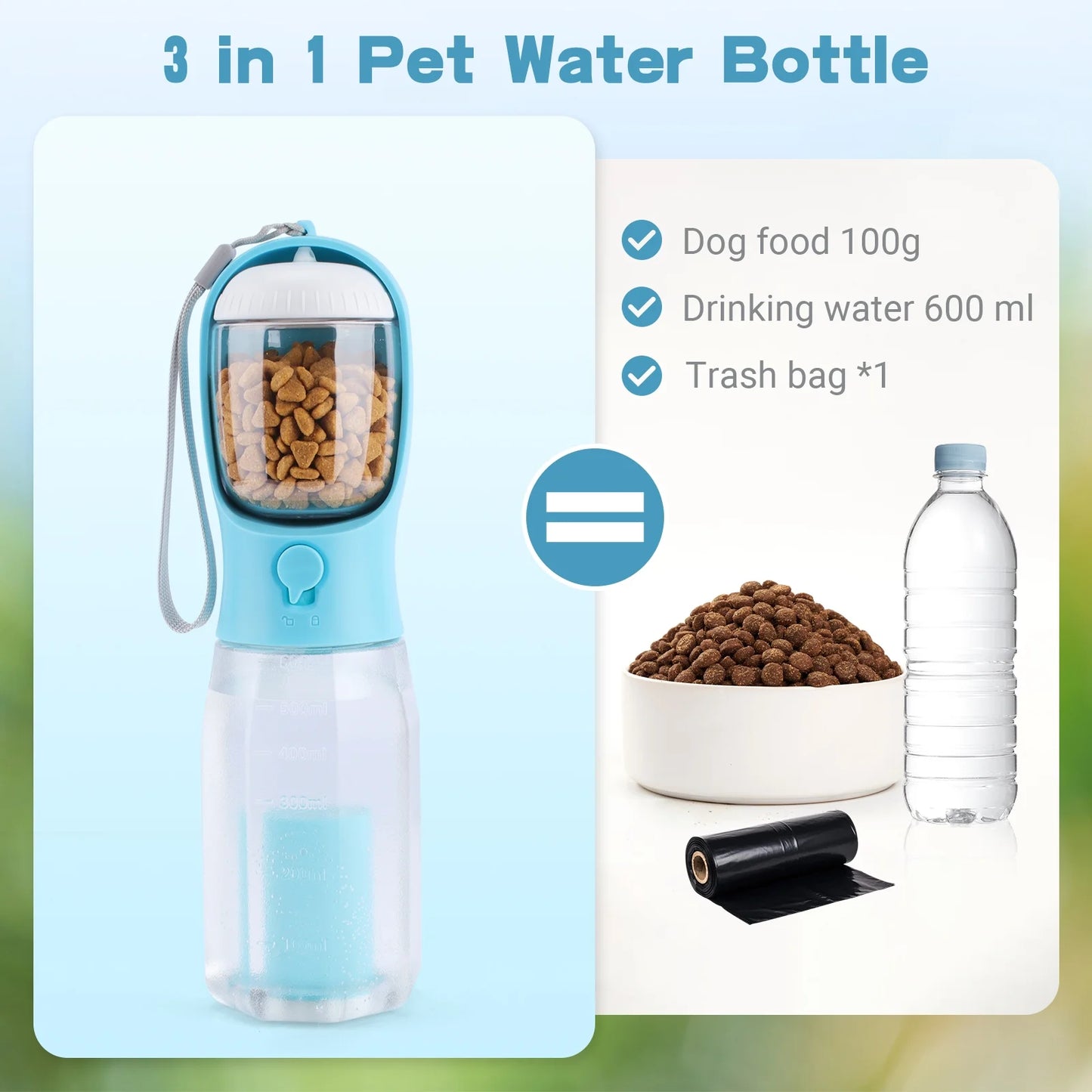 Dog Water Bottle with Food Container, 3 in 1 Outdoor Portable Pet Dispenser,Leak Proof Travel Dog Bowls for Walking Hiking