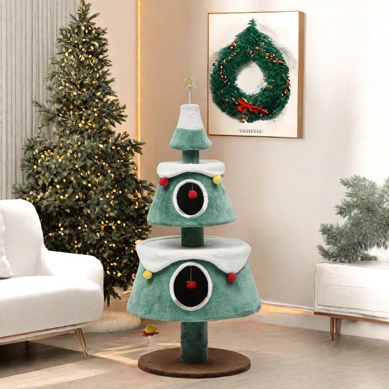 63" Christmas Cat Tower with 2 Semi-Enclosed Cat Houses, Indoor Cat Tree with Cat Condos, Cute Cat Tree with Plush Ball for 2 Cat