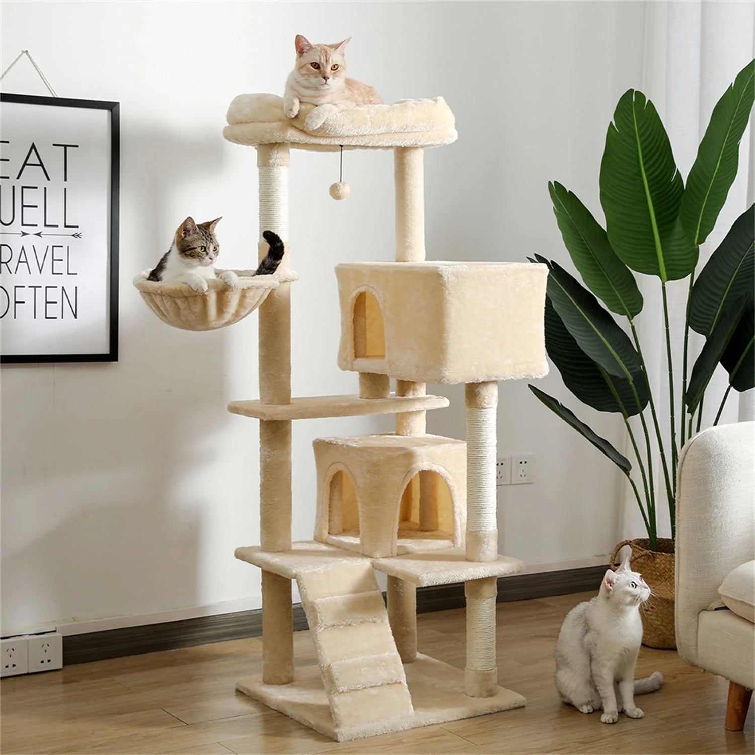 56" Tall Cat Trees Towers with Scratching Posts Condos Hammock Resting Perch, Indoor Pet Activity Furniture Play House for Large Cats Kitty Kitten, Beige