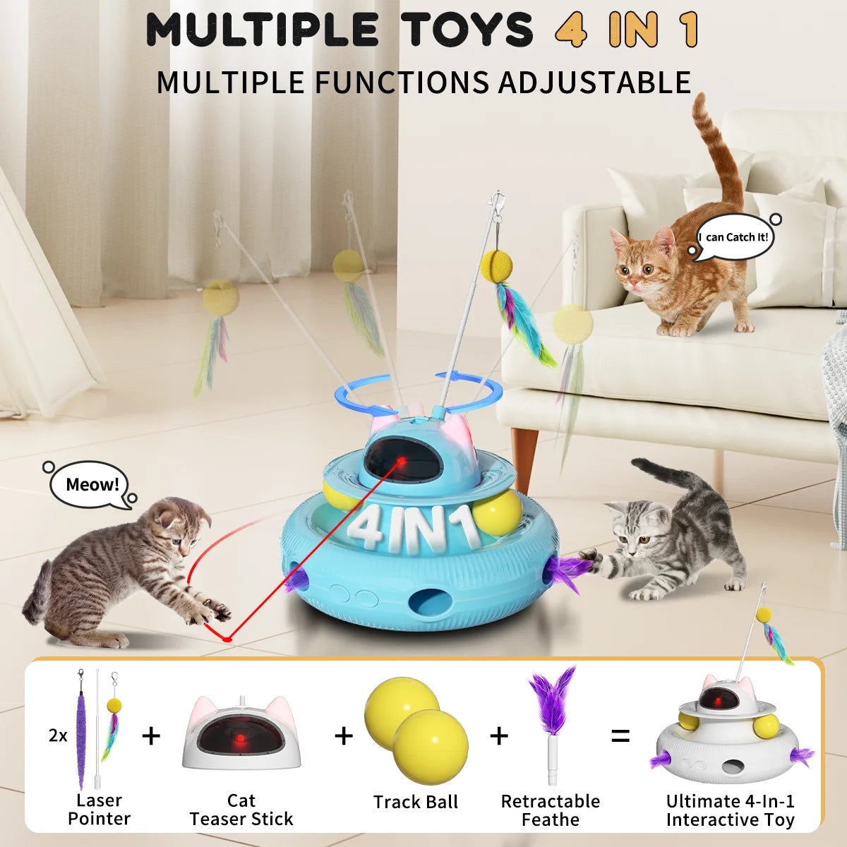 4 in 1 Interactive Cat Toys for Indoor Cats, Cat Laser Toys with 360°Rotation, Interactive Exercise Play Kitten Toy,Automatic Cat Wand Toy,Track Balls,Indoor Exercise Cat Kicker with USB Rechargeable